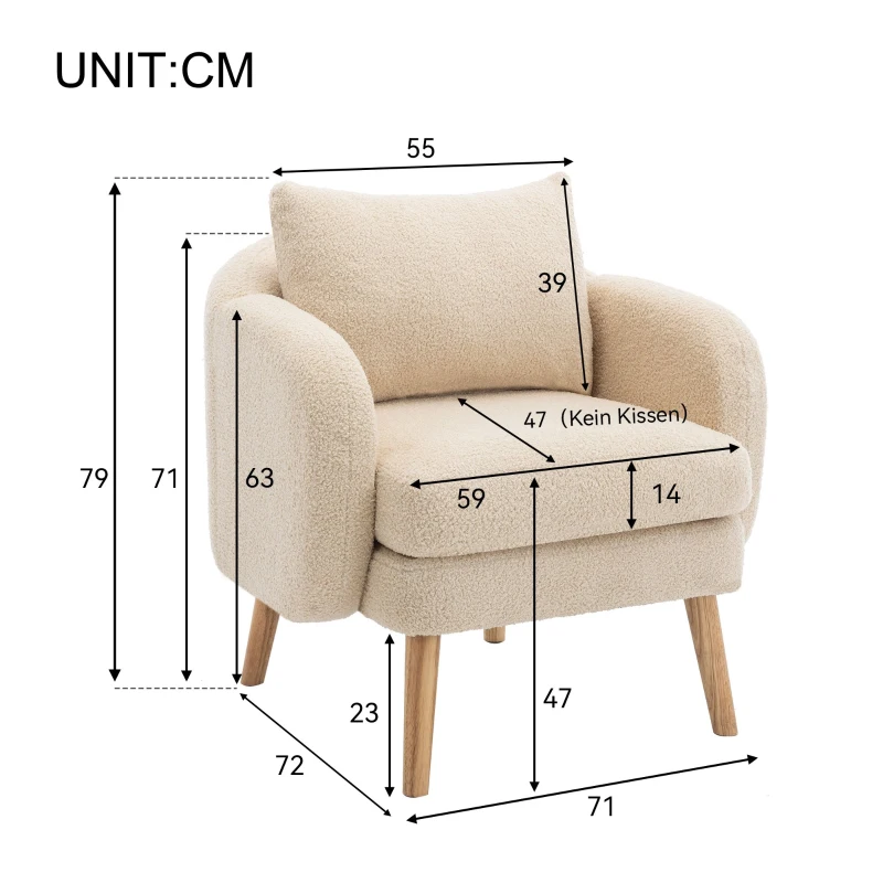 Poltrona Relax Moderna in Velluto Teddy con Cuscino, Seduta Extra Spessa, Struttura in Legno Massello, 71x72x71cm - Poltroncina da Salotto, Beige