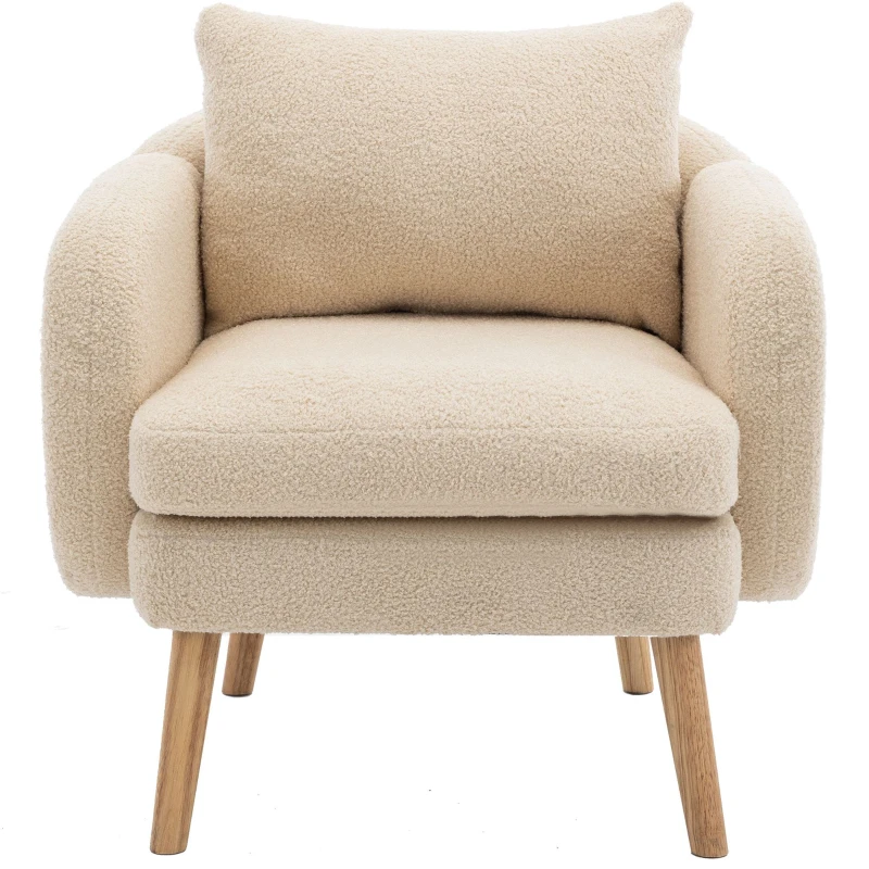 Poltrona Relax Moderna in Velluto Teddy con Cuscino, Seduta Extra Spessa, Struttura in Legno Massello, 71x72x71cm - Poltroncina da Salotto, Beige