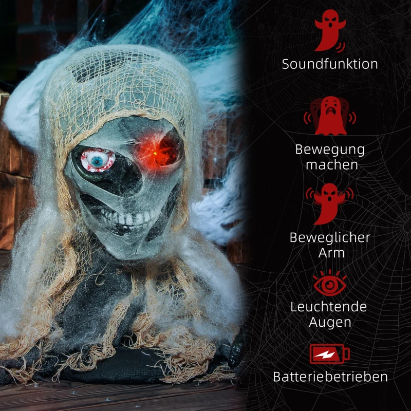 HOMCOM Halloween Decoratie, Eenogige Mummie, Buigzame Armen, Gloeiende Ogen, Griezelig Gehuil, 55x18x35 cm