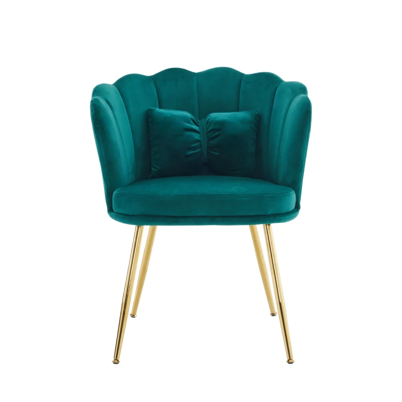 Fauteuil Design Moderne en Velours pour Salon avec Dossier en Pétale et Pieds Métalliques Dorés, Coussin Papillon, 63x58x77 cm, Vert