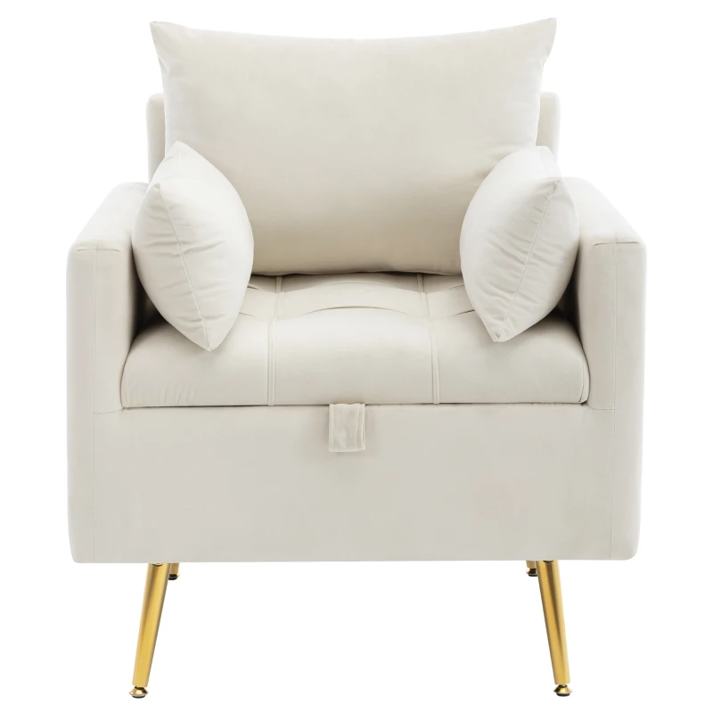 Poltrona Design Minimalista in Velluto con Ottomana Contenitore, Cuscini Decorativi e Braccioli, Gambe in Metallo Dorato, 71x71x76 cm, Beige