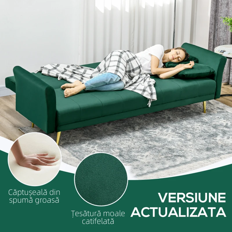 HOMCOM Canapea Extensibilă Clic Clac cu Spătar Reglabil și 2 Perne, din Material cu Efect Catifea, 215x83x87 cm, Verde