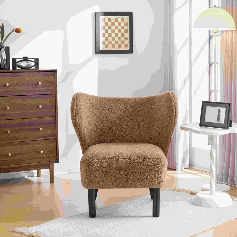 Poltrona Relax Moderna per Camera da Letto con Schienale Alto e Gambe in Legno, in Tessuto Sherpa, Design Elegante con Ampia Seduta, Marrone