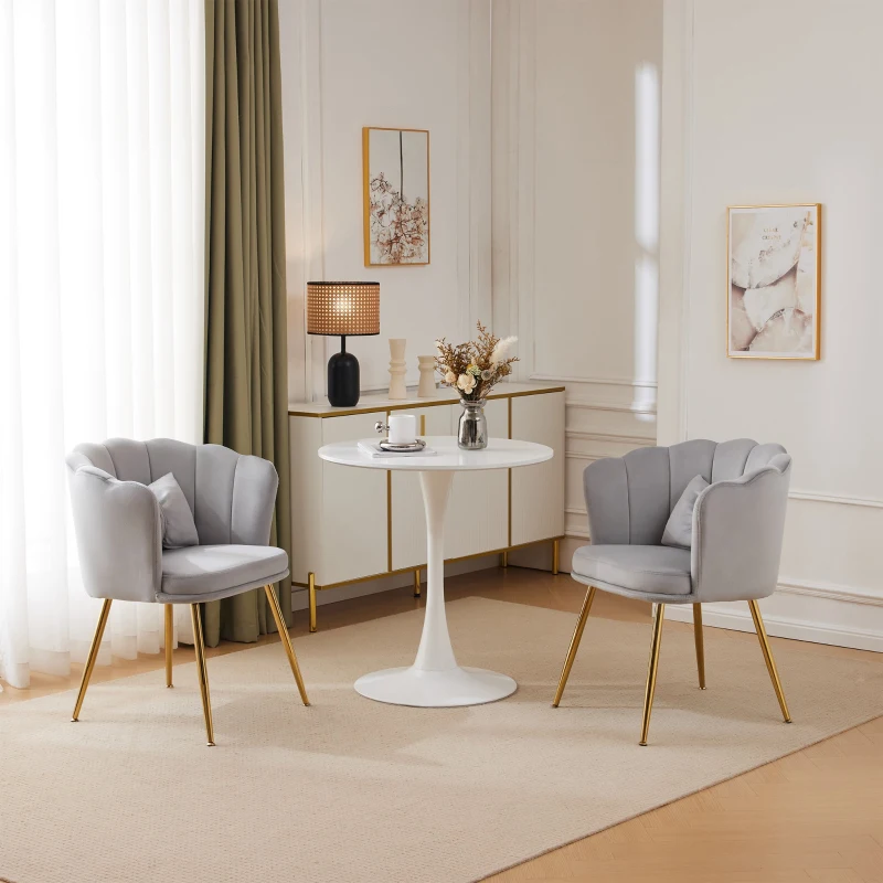 Ensemble de 2 Fauteuils de Bureau en Velours avec Dossier en Pétale, Pieds Métalliques Dorés et Coussins Papillon, 63x58x77 cm, Gris