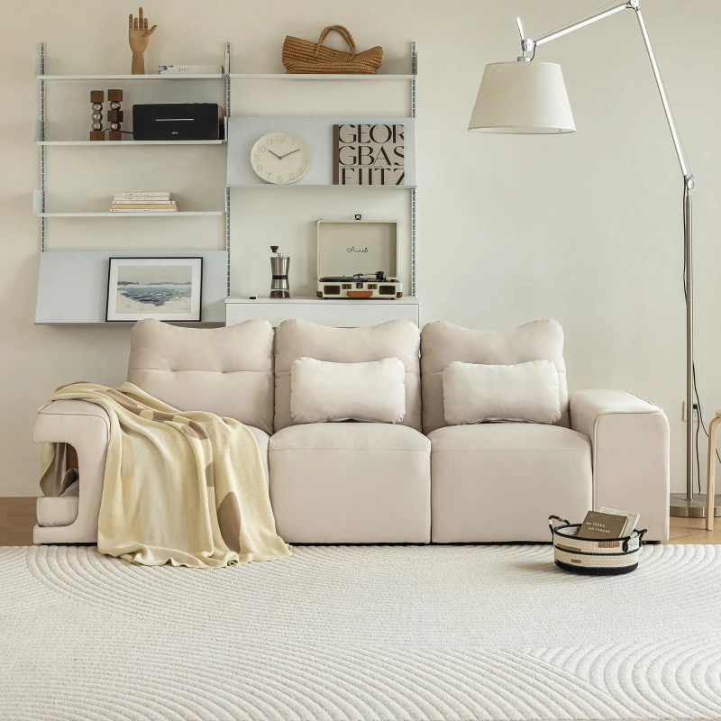 Divano Letto per Piccoli Animali Domestici a 3 Posti in Velluto Antigraffio con Nidi per Gatti Integrati e Cuscini, 228x73x79,5 cm, Beige