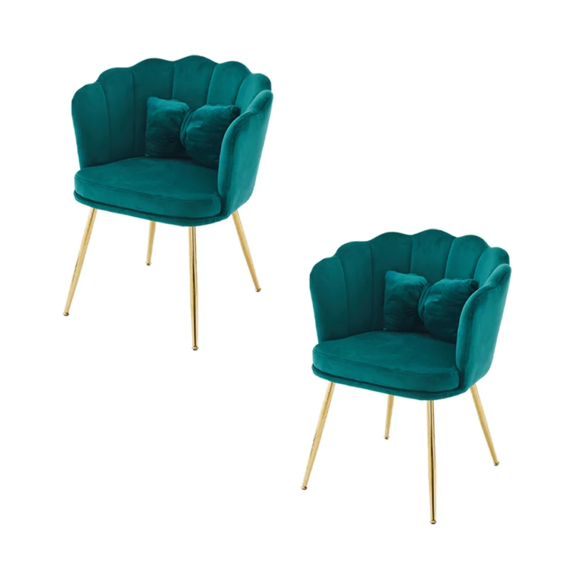 Ensemble de 2 Chaises de Bureau en Velours avec Dossier en Pétale, Pieds Métalliques Dorés et Coussins Papillon, 63x58x77 cm, Vert