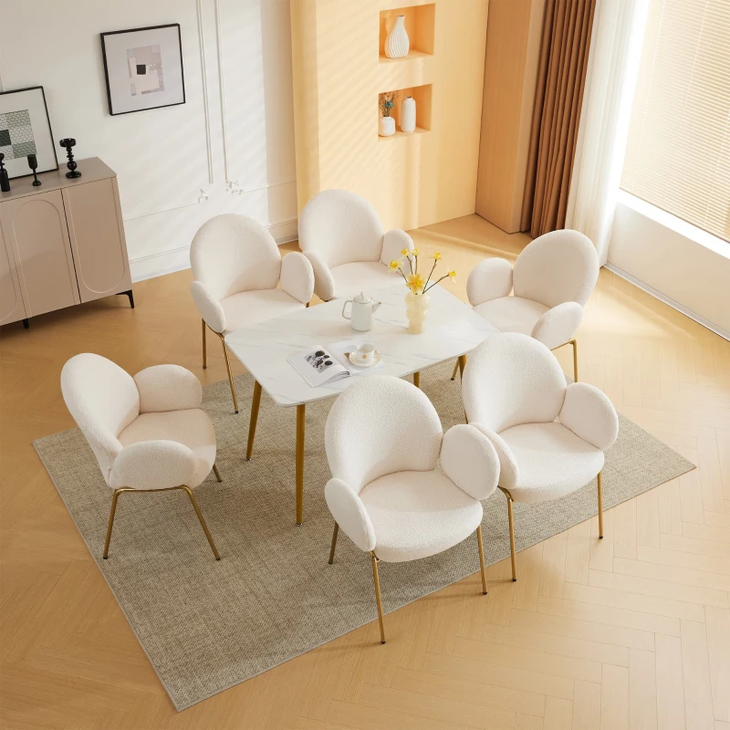Set di 6 Sedie Imbottite per Sala da Pranzo in Tessuto Teddy con Schienale Alto e Gambe in Metallo, 66x49,5x90 cm, Bianco