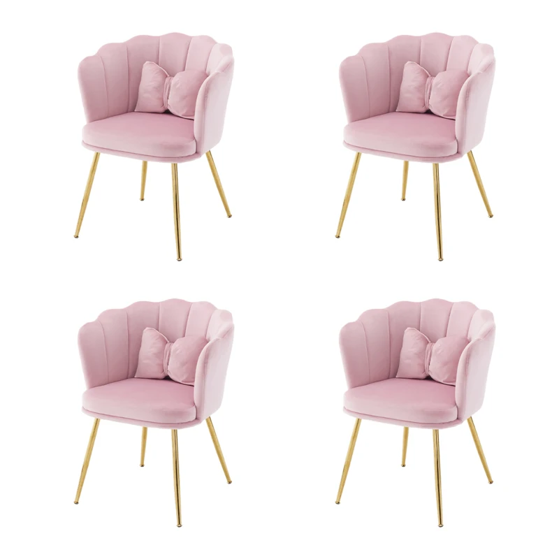 Ensemble de 4 chaises de salle à manger rembourrées en velours avec dossier en forme de pétale, pieds métalliques dorés et coussins papillon, Rose