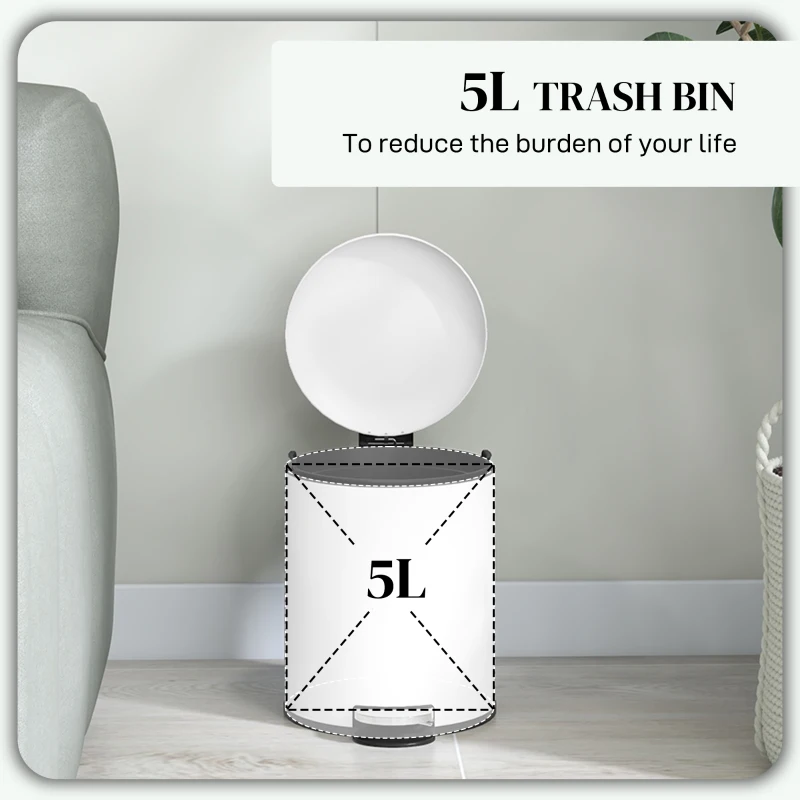 HOMCOM Coș de Gunoi de 5L cu Pedală și Capac cu Închidere Ușoară, Coș de Gunoi din Metal, 26,5x21x28 cm, Alb Crem