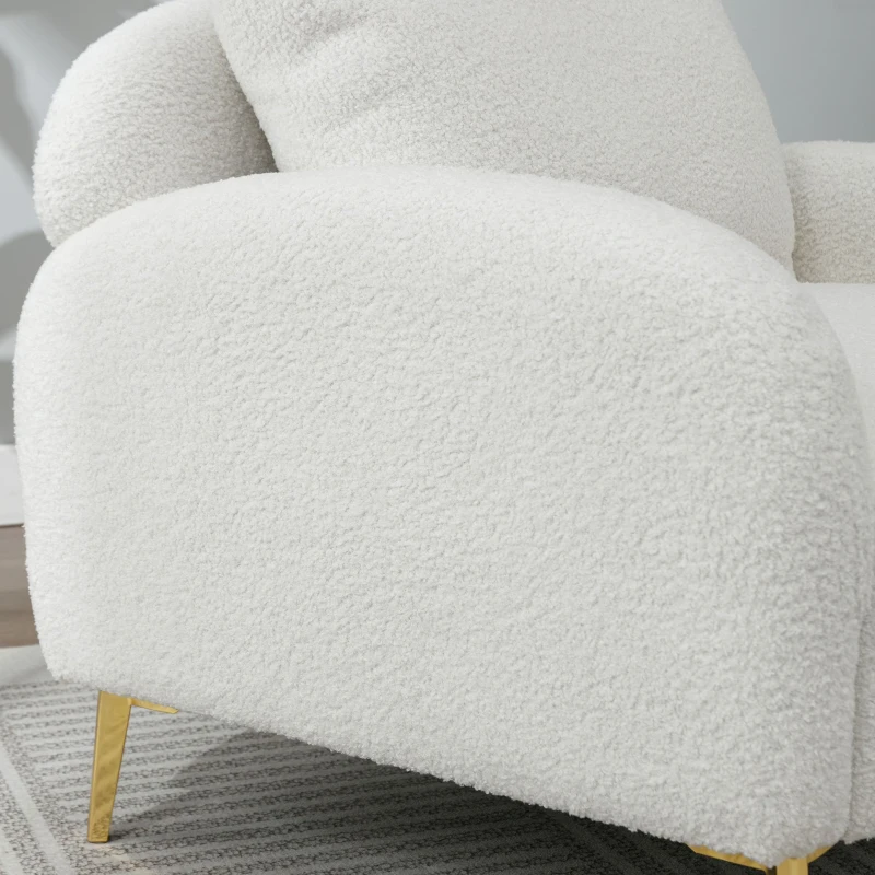 Fauteuil Lounge en Velours Teddy Moderne et Simple avec Coussin, Structure en Bois Massif et Pieds en Métal Doré, 75,5x75x81 cm, Blanc
