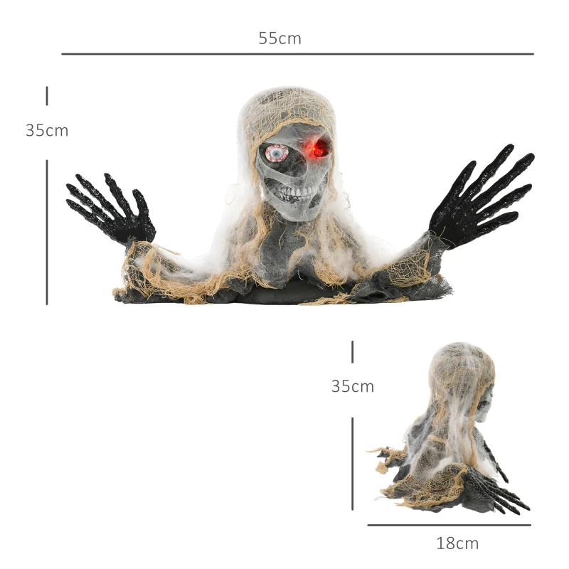 HOMCOM Halloween Decoratie, Eenogige Mummie, Buigzame Armen, Gloeiende Ogen, Griezelig Gehuil, 55x18x35 cm