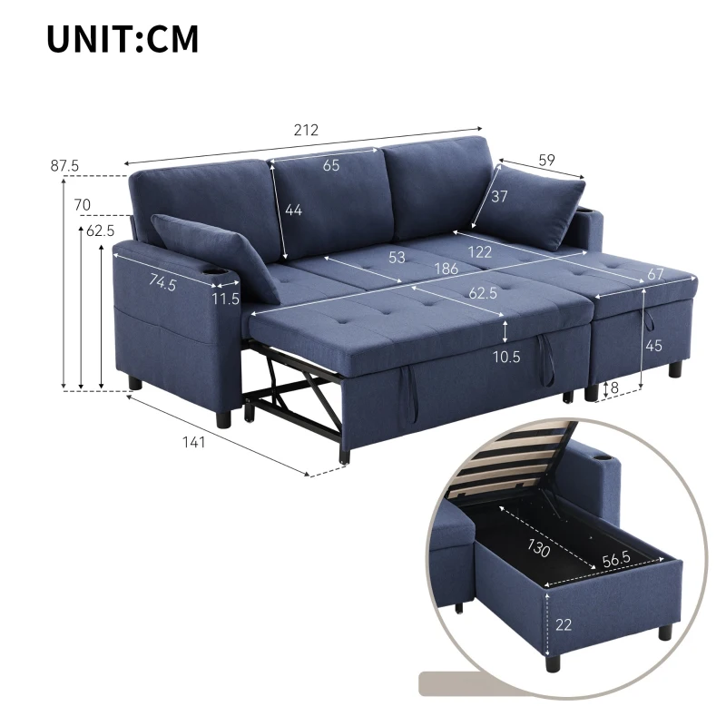 Canapé-lit multifonctionnel en forme de L avec chaise longue réversible, rangement caché et poches de rangement, design moderne, grand confort, Bleu