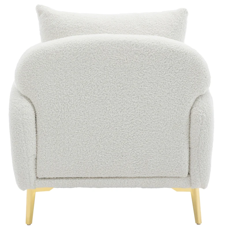 Fauteuil Lounge en Velours Teddy Moderne et Simple avec Coussin, Structure en Bois Massif et Pieds en Métal Doré, 75,5x75x81 cm, Blanc