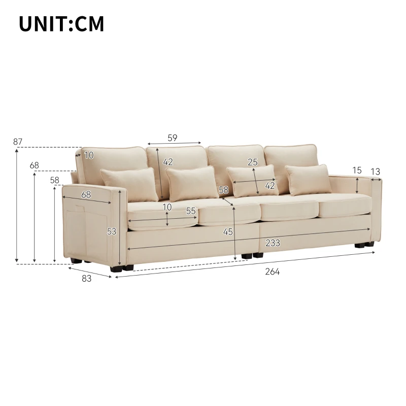 Divano Moderno in Tessuto di Lino con Tasche sui Braccioli e 4 Cuscini Lombari, Adatto per Soggiorno e Ufficio, 264x83x87 cm, Beige