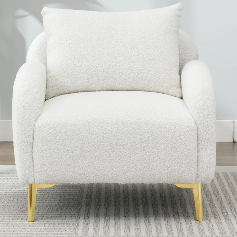 Fauteuil Lounge en Velours Teddy Moderne et Simple avec Coussin, Structure en Bois Massif et Pieds en Métal Doré, 75,5x75x81 cm, Blanc