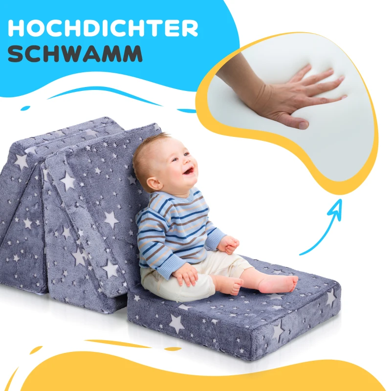 AIYAPLAY Modularny zestaw kanap dla dzieci, 5-częściowy, schody, materac, tor przeszkód, wzór z kucykiem i gwiazdami, Szary