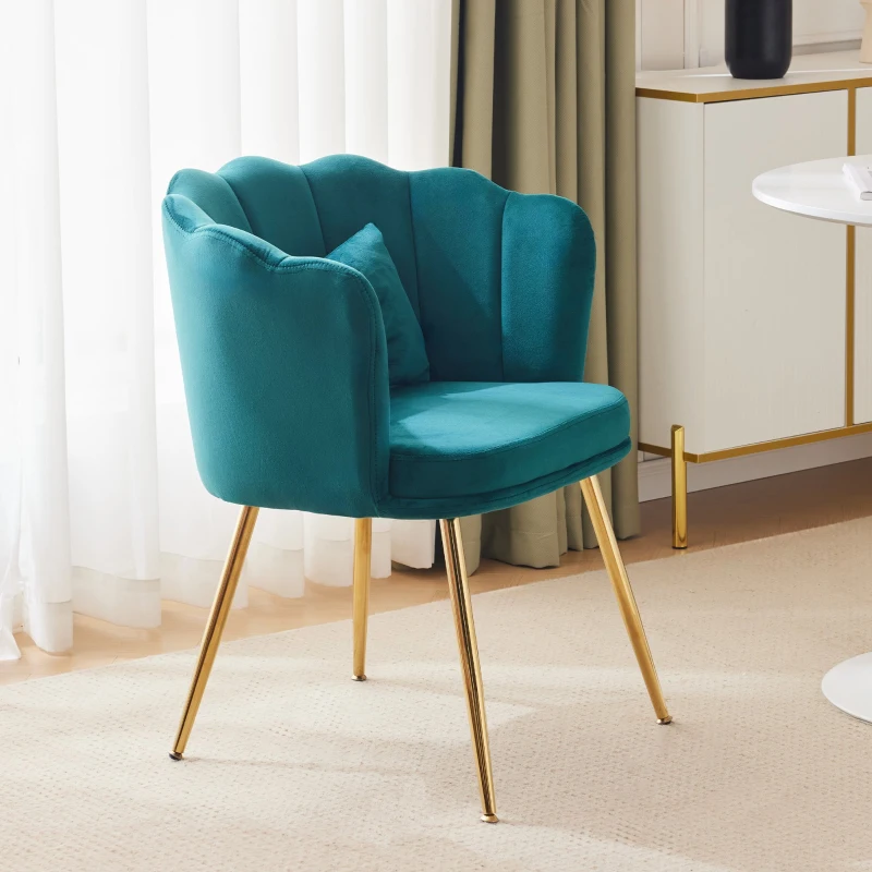 Fauteuil Design Moderne en Velours pour Salon avec Dossier en Pétale et Pieds Métalliques Dorés, Coussin Papillon, 63x58x77 cm, Vert