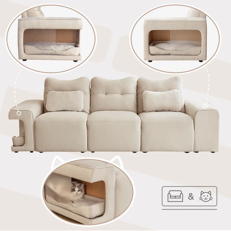 Divano Letto per Piccoli Animali Domestici a 3 Posti in Velluto Antigraffio con Nidi per Gatti Integrati e Cuscini, 228x73x79,5 cm, Beige