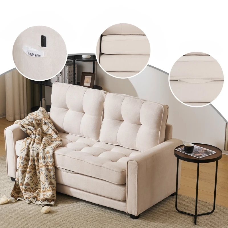Divano Letto Matrimoniale Convertibile in Design Moderno con Cuscini Doppio Strato e Tasche Laterali, Divano Letto 2 Posti Sfoderabile, Beige