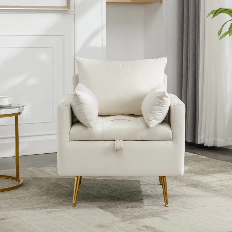 Poltrona Design Minimalista in Velluto con Ottomana Contenitore, Cuscini Decorativi e Braccioli, Gambe in Metallo Dorato, 71x71x76 cm, Beige