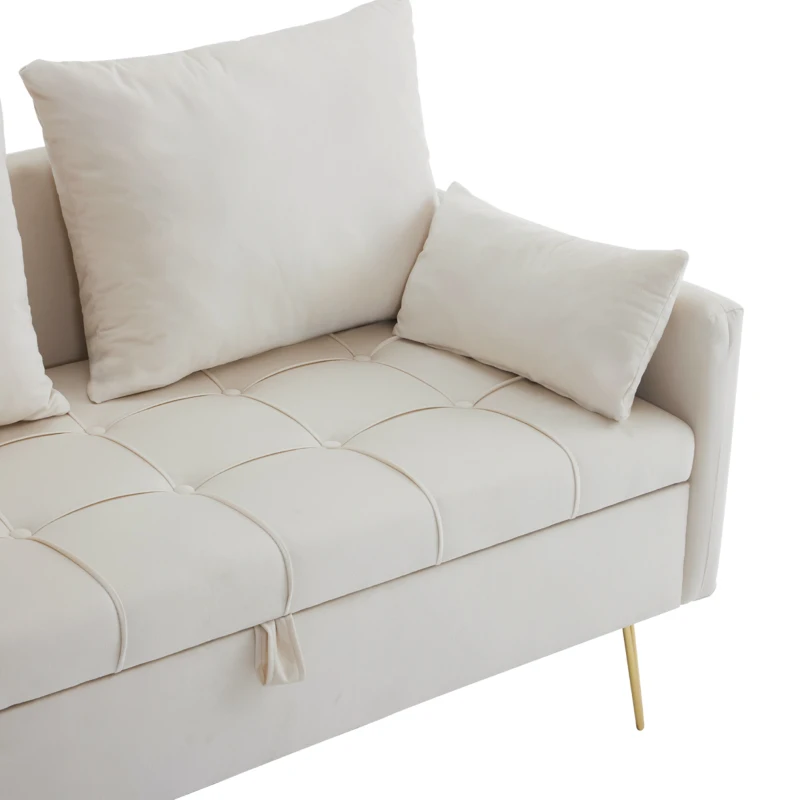Divano Moderno in Velluto a 2 Posti con Contenitore e Cuscini, Gambe in Metallo Dorato, Ideale per Soggiorno e Ufficio, 135x71x71 cm, Beige