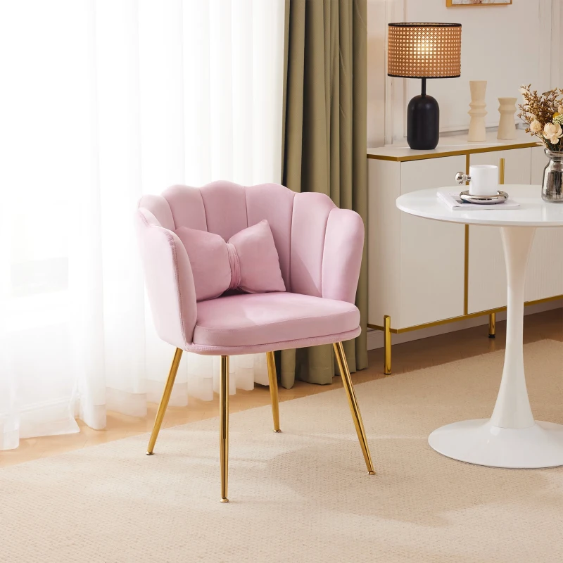 Fauteuil de Bureau Design Moderne en Velours avec Dossier en Pétale et Pieds Métalliques Dorés, Coussin Papillon, 63x58x77 cm, Rose