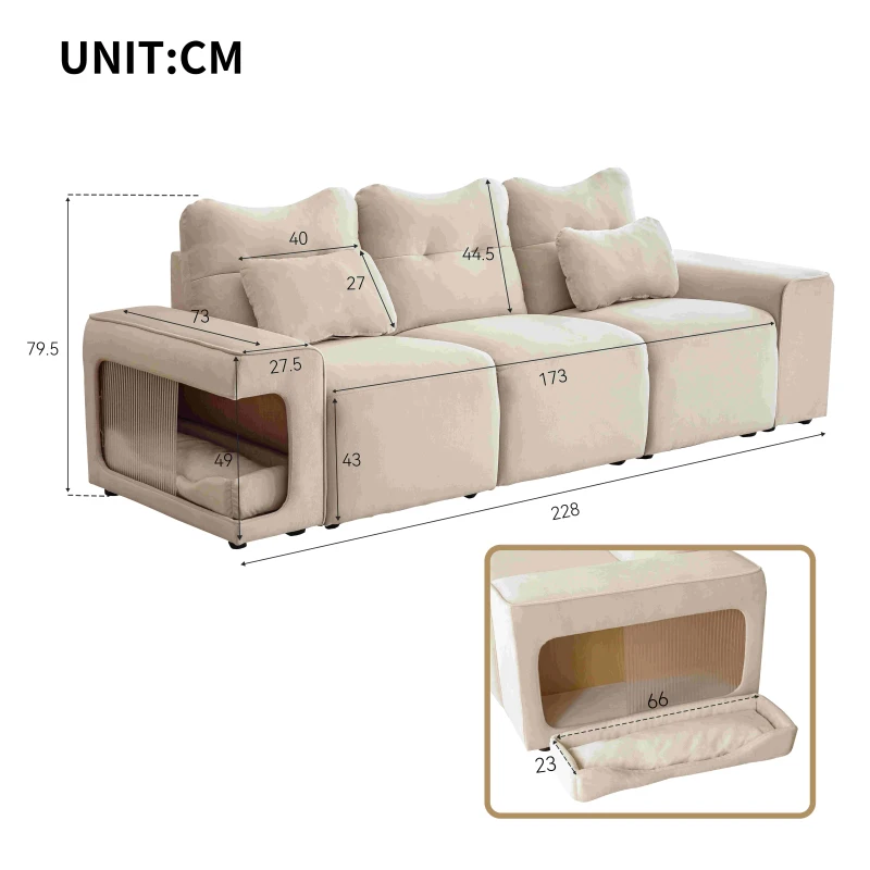 Divano Letto per Piccoli Animali Domestici a 3 Posti in Velluto Antigraffio con Nidi per Gatti Integrati e Cuscini, 228x73x79,5 cm, Beige