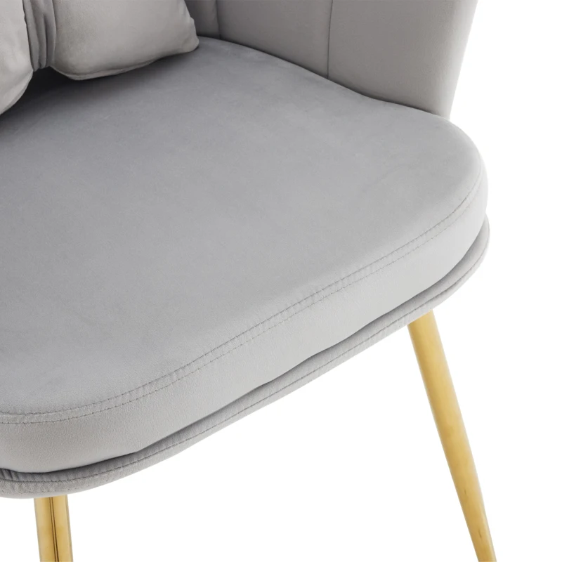 Ensemble de 2 Fauteuils de Bureau en Velours avec Dossier en Pétale, Pieds Métalliques Dorés et Coussins Papillon, 63x58x77 cm, Gris