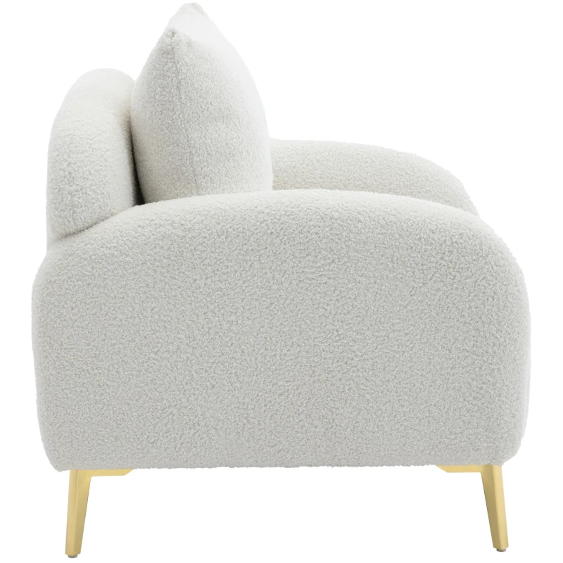 Fauteuil Lounge en Velours Teddy Moderne et Simple avec Coussin, Structure en Bois Massif et Pieds en Métal Doré, 75,5x75x81 cm, Blanc