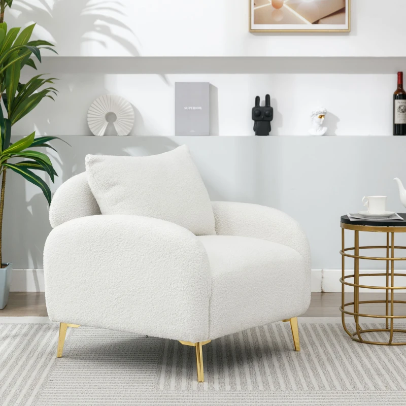 Fauteuil Lounge en Velours Teddy Moderne et Simple avec Coussin, Structure en Bois Massif et Pieds en Métal Doré, 75,5x75x81 cm, Blanc
