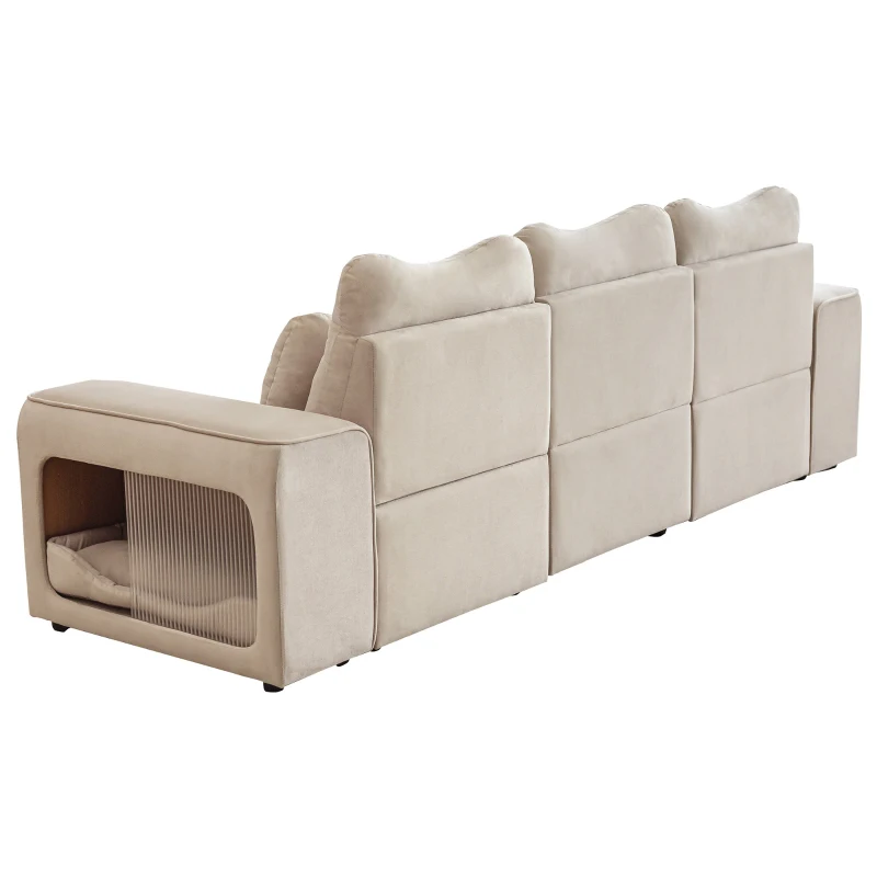 Divano Letto per Piccoli Animali Domestici a 3 Posti in Velluto Antigraffio con Nidi per Gatti Integrati e Cuscini, 228x73x79,5 cm, Beige