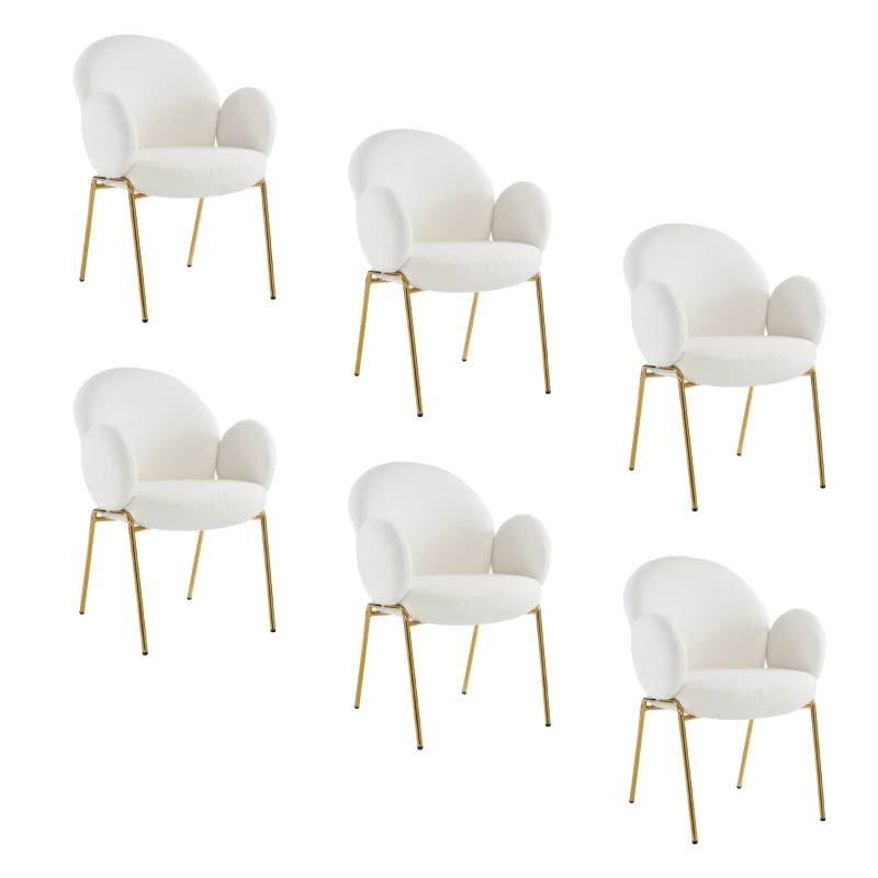 Set di 6 Sedie Imbottite per Sala da Pranzo in Tessuto Teddy con Schienale Alto e Gambe in Metallo, 66x49,5x90 cm, Bianco