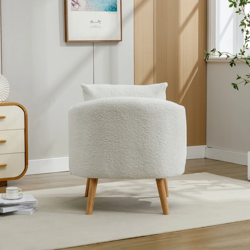 Poltrona da Salotto in Velluto Teddy Moderna e Semplice con Cuscino, Seduta Extra Spessa, Struttura in Legno Massello, 71x72x71cm, Bianco