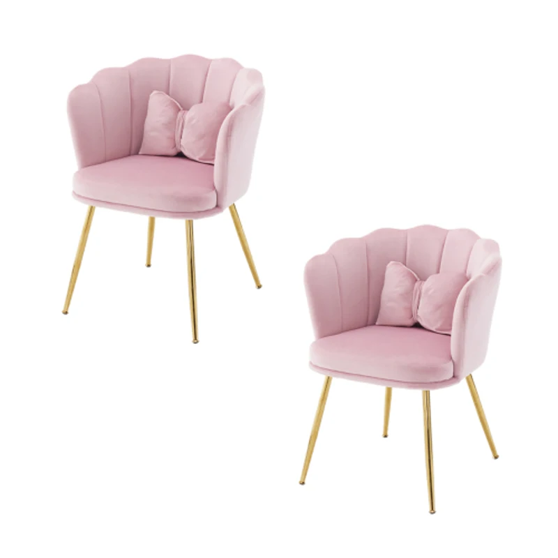 Ensemble de 2 Chaises de Bureau en Velours avec Dossier en Pétale, Pieds Métalliques Dorés et Coussins Papillon, 63x58x77 cm, Rose
