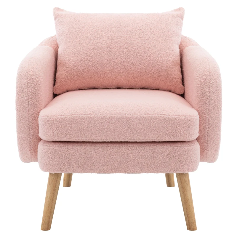 Poltrona Relax Moderna in Velluto Teddy con Cuscino, Seduta Extra Spessa, Struttura in Legno Massello,71x72x71cm - Poltroncina da Salotto, Rosa