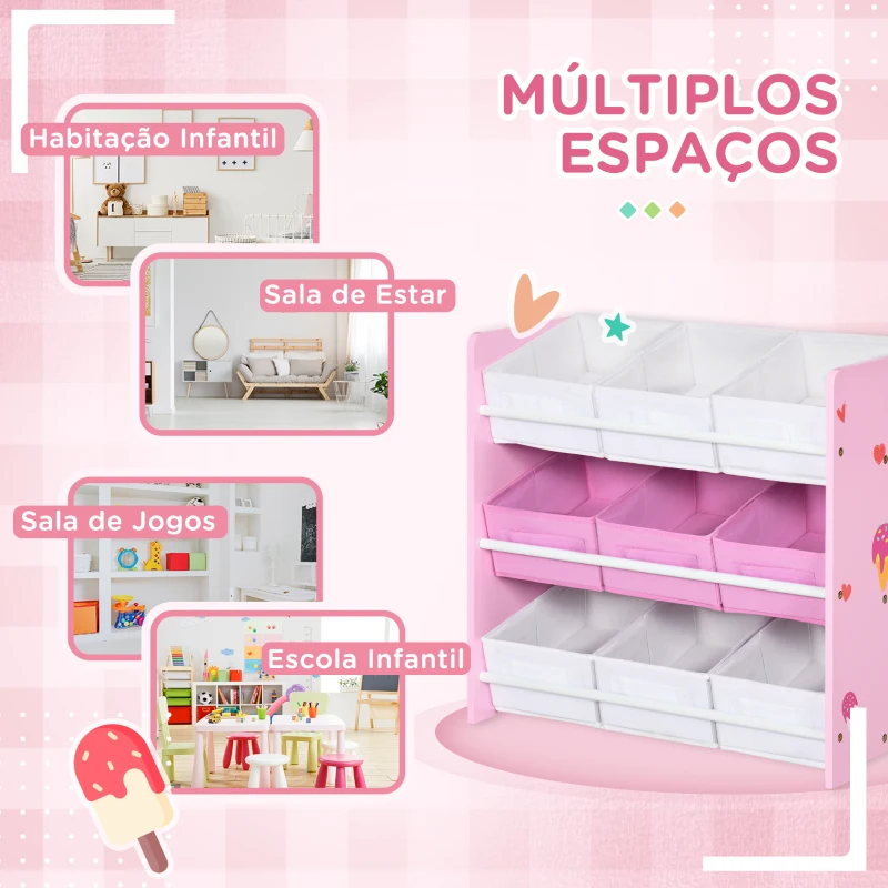 ZONEKIZ Estante para Brinquedos com 9 Caixas de Tecido não Tecido Amovíveis Organizador de Brinquedos 63x30x60 cm Rosa