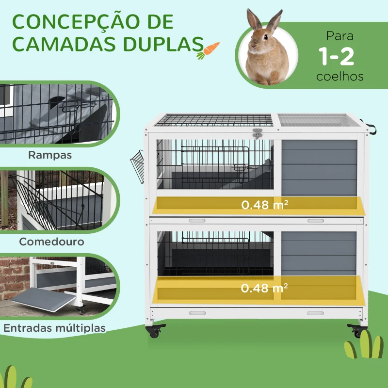 PawHut Coelheira de 2 Níveis 90x53x97 cm com Rodas Tejadilho Rebatível Tabuleiro Amovível Alimentador e Rampa cinzenta
