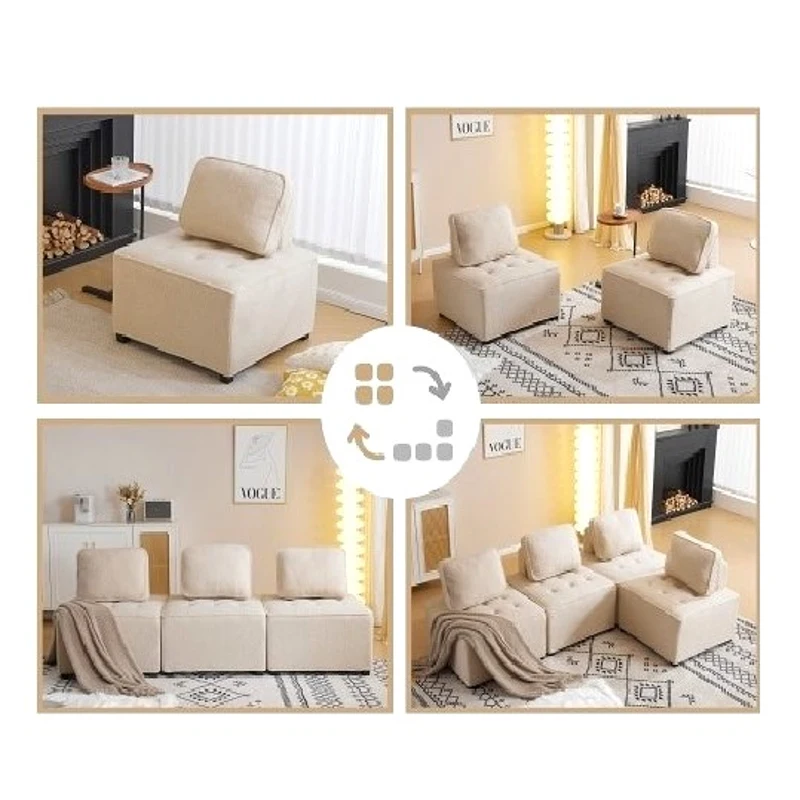 Divano Modulare per Soggiorno in Tessuto Teddy Vellutato, Combinazione Flessibile, Design Moderno, 76x73x76 cm - Poltrone Relax Moderne, Beige