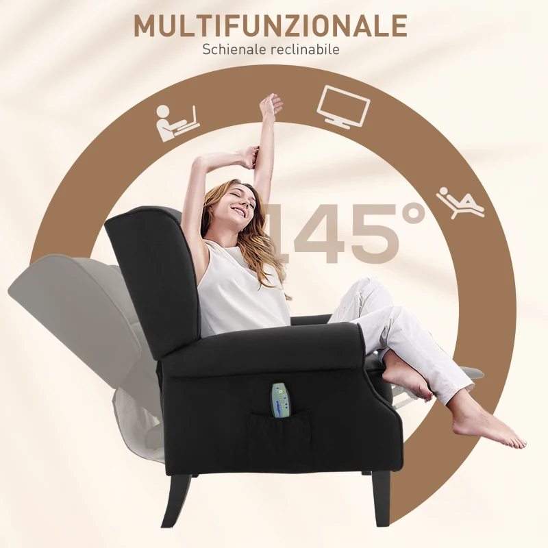 HOMCOM Poltrona Massaggiante e Reclinabile con Funzione Riscaldante e Telecomando, 78x84x101cm, Nero