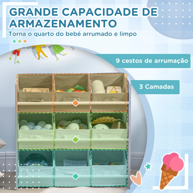ZONEKIZ Estante para Brinquedos com 9 Caixas de Tecido não Tecido Amovíveis Organizador de Brinquedos 63x30x60 cm Cinza