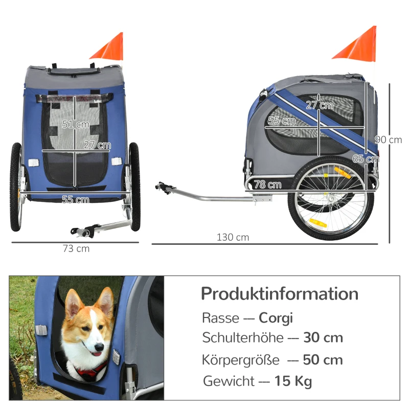 PawHut 2-in-1 Haustieranhänger Fahrradanhänger bis 20kg klappbar Regenschutz Sicherheitsfahne Reflektoren Stahl grau+blau 130 x 73 x 90cm