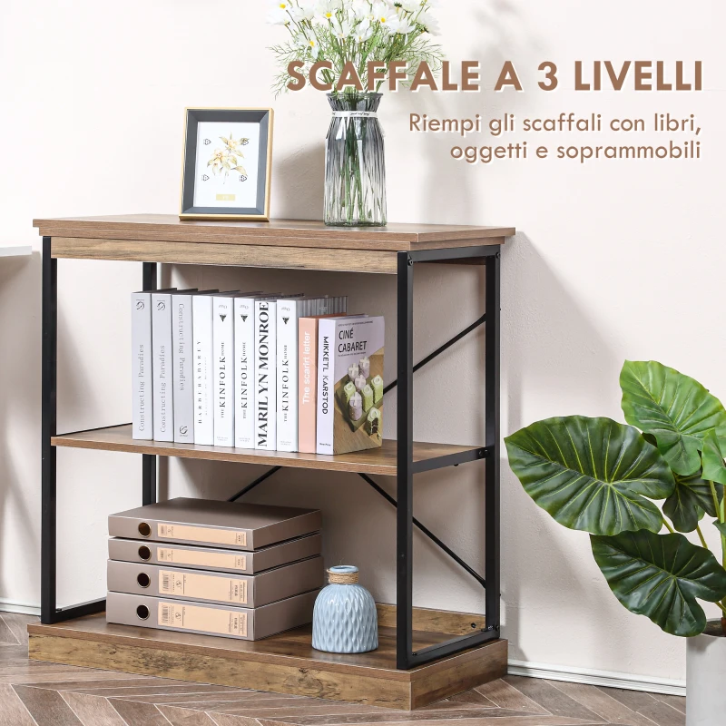 HOMCOM Scaffale in Stile Industriale, Scaffale Libreria in Legno Marrone e Metallo Nero, 80x36x81.3cm