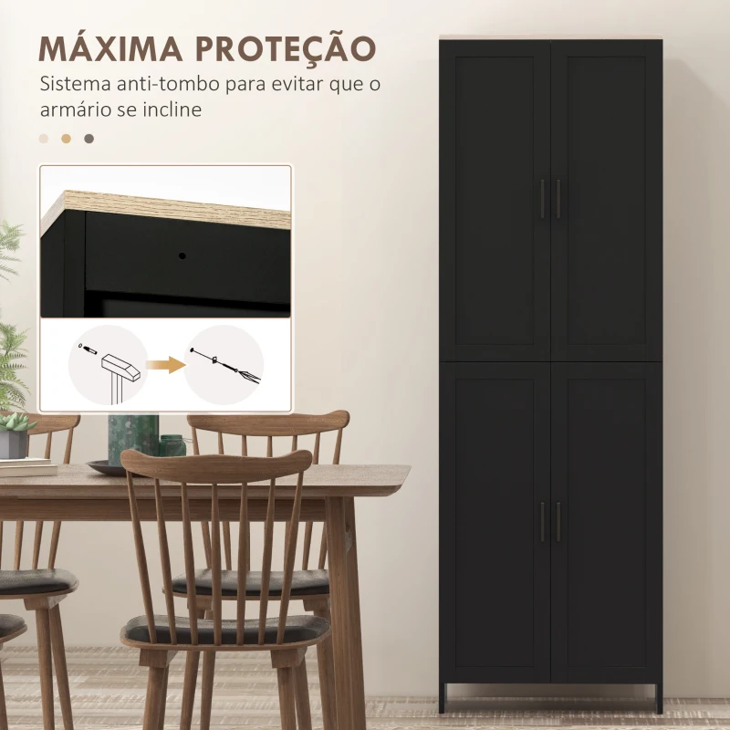 HOMCOM Armário de Cozinha com 4 Portas e Prateleiras Ajustáveis Anti-Tombo 60x30x170,5 cm Preto