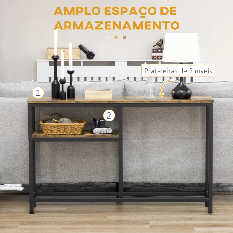 HOMCOM Consola de Entrada com Prateleiras Abertas Antivolteio Móvel de Entrada para Sala Corredor 120x23x75 cm Castanho
