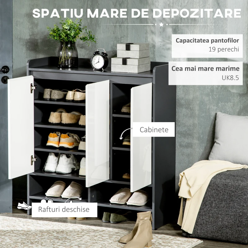 HOMCOM Dulap de incaltaminte pentru intrare din PAL pentru  24 Perechi de Pantofi cu Rafturi Reglabile pe 3 Niveluri, 90x32x100 cm, Gri si Alb