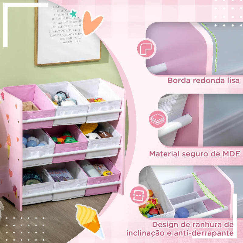 ZONEKIZ Estante para Brinquedos com 9 Caixas de Tecido não Tecido Amovíveis Organizador de Brinquedos 63x30x60 cm Rosa
