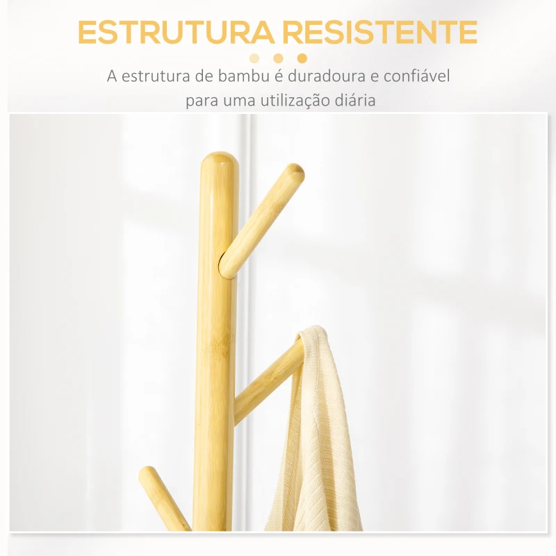 HOMCOM Cabide de Pé de Bambu Moderno com 8 Ganchos para Roupas Bolsas  Ø37,8x175,6 cm Madeira e Cinza