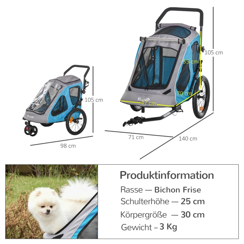 PawHut 2-in-1 Hundeanhänger Hundewagen bis 20kg klappbar Sicherheitsleine Reflektoren Stahl Blau+Grau