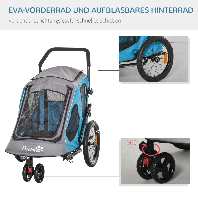 PawHut 2-in-1 Hundeanhänger Hundewagen bis 20kg klappbar Sicherheitsleine Reflektoren Stahl Blau+Grau