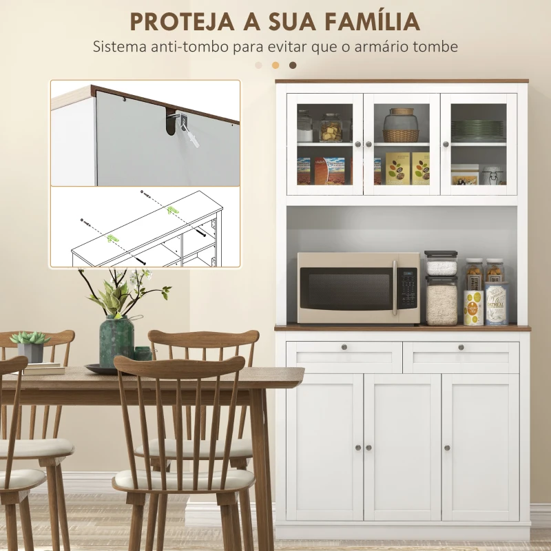 HOMCOM Armário de Cozinha com 3 Portas de Vidro Compartimento Aberto 2 Gavetas e Prateleiras Ajustáveis 100x40x180 cm Branco